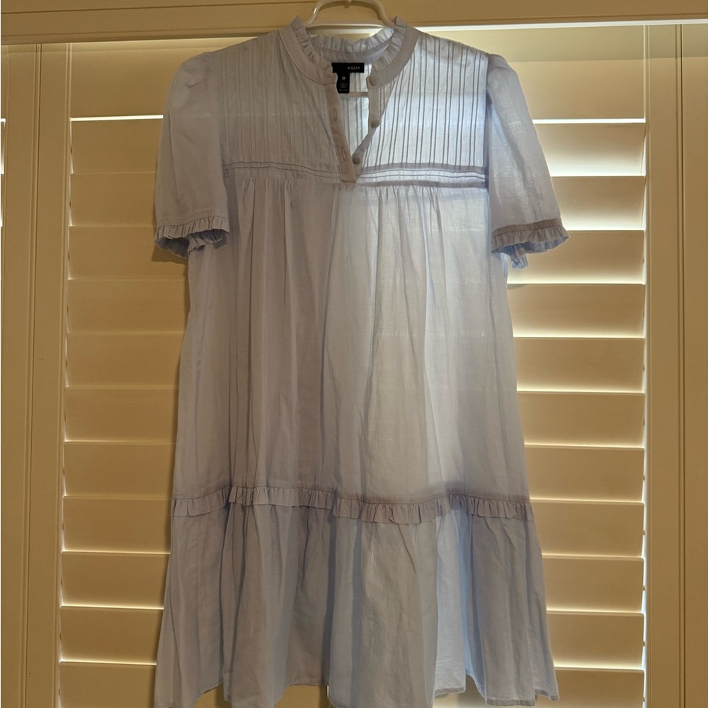 Aqua Gray Tiered Ruffled Puff Sleeve Sundress